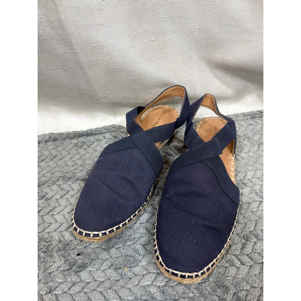 Lucky Brand Rifka Navy Blue Espadrille Flats Elastic Strap Shoes Size 6.5 M 37